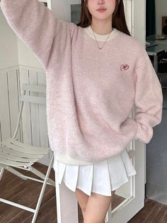 Women's Oversized Sweet Letter Embroidered Crew Neck Sweater Pink Casual  Long Sleeve Knitwear Colorblock,Geometric Pullovers Slight Stretch Spring/Fall,Fall/Winter Women Clothing, size features are:Bust: ,Length: ,Sleeve Length: Big Comfy Sweaters, Korean Sweater, Cute Korean Outfits, Color Clothes, Pretty Sweaters, Comfy Casual Outfits, Printed Sleeveless Top, Elegant Dresses Long, Oversized Pullover