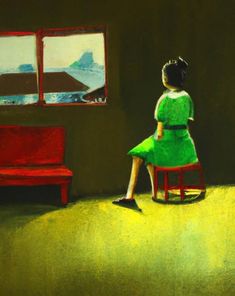 a painting of a woman sitting on a red chair looking out the window at water