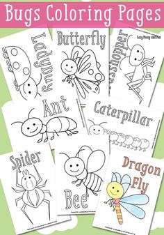 bug coloring pages for kids to color with the words, bugs and butterflies on them