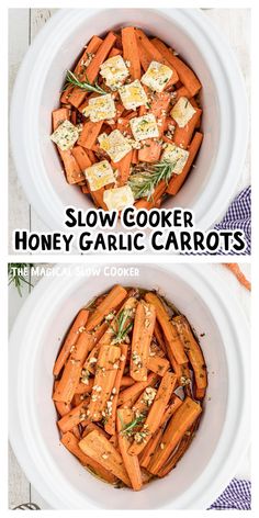 two bowls filled with cooked carrots on top of a white tablecloth and text overlay reads slow cooker honey garlic carrots