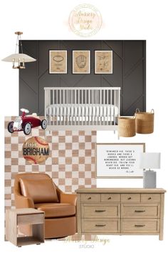 a baby's room with brown furniture and pictures on the wall