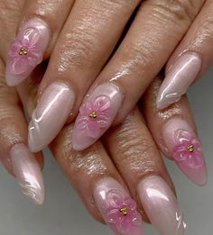 Pink Nails Ideas Flower, Aesthetic Nails With Flowers, Raised Flower Nail Designs, Clear 3d Flower Nails, Pearl And Flower Nails, Flower Gel X Nails, Flower Nail Inspo Acrylic, 3d Flower Nails Simple, Short Pink And Green Nails