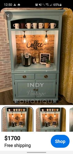 an old china cabinet has been converted into a coffee bar for $ 100 with free shipping