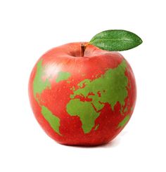 an apple with a green leaf on top of it and the world painted on it