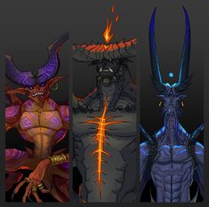 four different types of demonic creatures with long horns