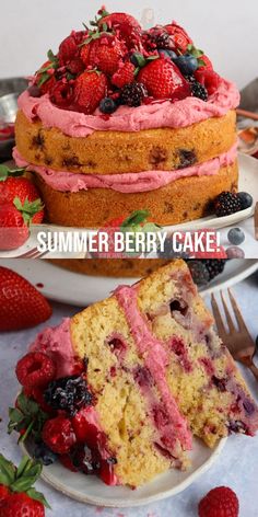 a cake with strawberries and blueberries is on a plate next to another piece of cake