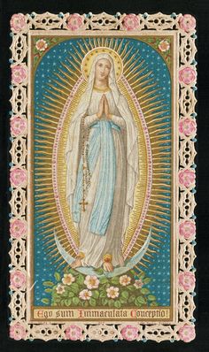 the virgin mary of guadalupe with flowers on it's border and an ornate frame