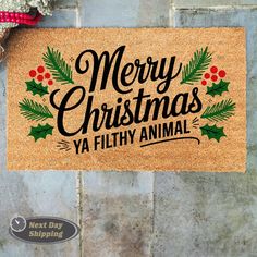 merry christmas ya filthy animal door mat with holly wreath on the front and back side