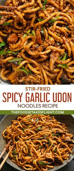 stir fried spicy garlic udon in a skillet with chopsticks on the side