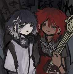 two anime characters one with red hair and the other with black hair, holding guitars