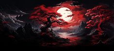 a red and black painting with the moon in the sky above trees, rocks and water