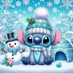 a cartoon character with a snowman and an elephant in front of a snowy background