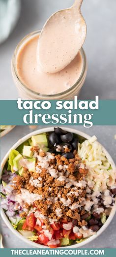 taco salad dressing in a glass bowl with a spoon next to it and the recipe below