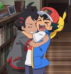 two cartoon characters hugging each other in front of bookshelves