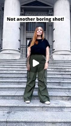 a woman standing in front of some steps with the caption not another boring shot