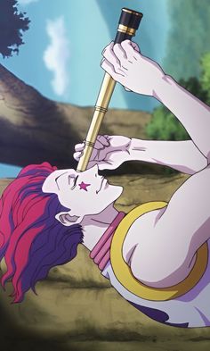 a cartoon character holding a stick in her right hand and looking down at the ground