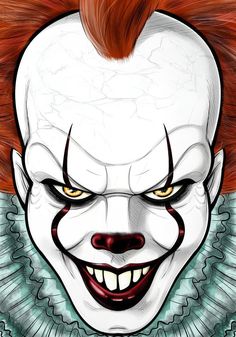 a drawing of a creepy clown with red hair