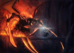 a dragon attacking a man in the dark