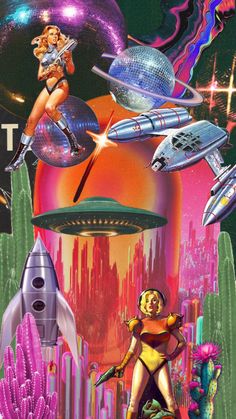 an image of a sci - fi movie poster with women and spaceships in the background