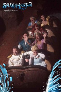 people are riding on a roller coaster in the water at disney's splash mountain