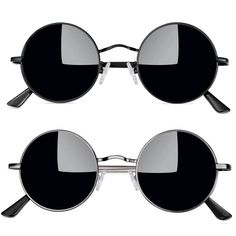 two round sunglasses with metal frames and mirrored lenses on the sides, one is black