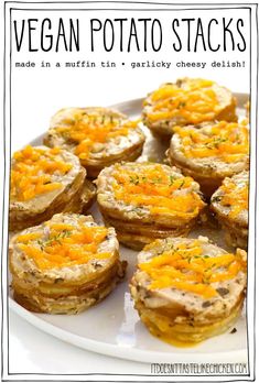 These Vegan Potato Stacks are oh-so-delicious, with layers of thinly sliced potato baked in a creamy, garlicky sauce and topped with melty vegan cheese. Cooked in individual portions in a muffin tin, they make the perfect mini au gratin stacks to wow your guests. Serve these as an appetizer, side dish, or even as a fun snack! Potato Stacks Muffin Tins, Potato Stacks Recipes, Cashew Cream Recipe, Potato Baked, Vegan Cheddar Cheese, Potato Stacks, Savory Breakfast Recipes, Roasted Broccolini, Garlic Cream Sauce