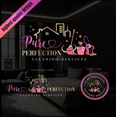 the logo for pure perfection cleaning services is shown in pink and black colors with gold lettering