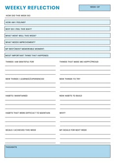 a printable worksheet with the words, weekly reflection and other things to do