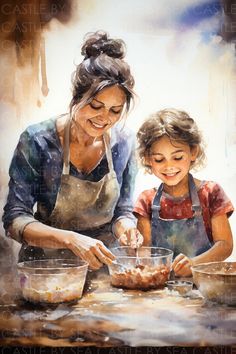 a painting of a woman and child making food in front of a table with bowls on it