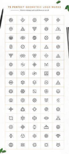 the 25 perfect geometric line icons are displayed on a sheet of paper with markers and pencils