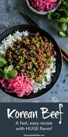 korean beef with rice in a bowl and chopsticks next to it on a table