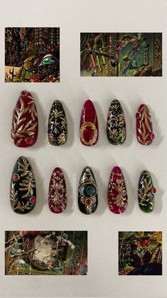 Interesting Nail Art, Howl Inspired Nails, Trinket Nails, House Of The Dragon Nails, Chaos Nails, Cool Nail Inspo Spring, Targaryen Nails, Camp Nails, Medieval Nails