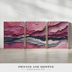 three pink and blue art pieces on display in a room with white walls, wood flooring and hardwood floors