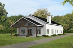 this is a computer rendering of a small white house with a black roof and porch