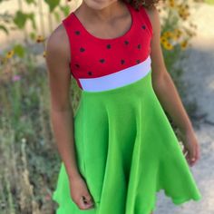 Watermelon Twirl Dress This Cute Custom Boutique Watermelon Twirl Dress Perfect For A Watermelon Theme Birthday Party, A Watermelon Festival Or Just A Fun Day Out In The Sun. Dress Is Red And Lime Made Out Of A Nice Comfy Knit With Watermelon Seeds Front. Your Little One Will Love Twirling Around In This Watermelon Dress This Summer. -Watermelon Theme -100% Cotton -Handmade In Usa By Lil' Bug Clothing Cute Summer Twirl Dress For Playwear, Playful Sleeveless Twirl Dress For Summer, Playful Sleeveless Summer Twirl Dress, Playful Green Summer Dresses, Playful Fitted Green Dress, Summer Playful Twirl Dress For Dress-up, Cute Summer Twirl Dress For Party, Fun Summer Party Twirl Dress, Playful Fitted Sleeveless Twirl Dress