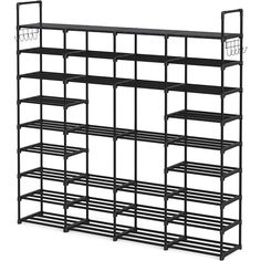 a black shelf unit with four shelves on each side