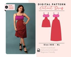 a woman in a red dress and black heels standing next to a pink background with the text, digital pattern cutout dress size xs xxs - xxl instant down