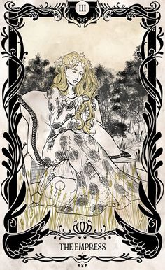 a drawing of a woman sitting on top of a chair in front of a forest