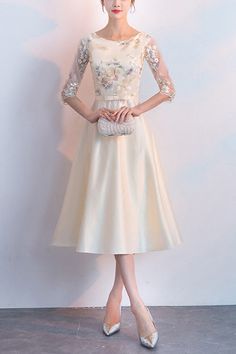 Champagne Fall Wedding, Midi Wedding Guest Dress, Fall Midi, Dress With Embroidery, Fall Wedding Guest, Fall Wedding Guest Dress, Short Gowns, Wedding Guest Looks, Crisp Autumn