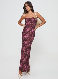 Strapless floral maxi dress Inner silicone strip at bust, ruched detail at bust, invisible zip fastening at side Non-stretch, lined bust 100% polyester Cold gentle machine wash Floral Dress Formal, Vegas Dresses, Strapless Maxi, Holiday Party Dresses, Strapless Maxi Dress, Fleece Dress, Outerwear Outfit, Midi Maxi Dress, Casual Tank Tops