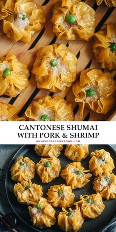 some dumplings are being cooked and served on a plate with chopsticks next to them