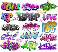 graffiti font in various colors and styles on white background with clippings for text