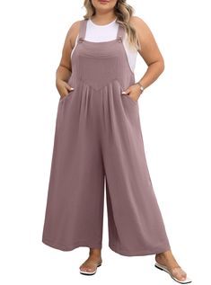 PRICES MAY VARY. FABRIC COMPOSITION: Plus size overalls for women made of 100% polyester, lightweight, soft, drapey, breathable and durable ADJUSTABLE STRAPS: (Inseam- 22.64 inches) Wide legs, four pockets, three coconut buttons to adjust the length of the jumpsuit. ROOMY PLUS SIZE JUMPSUIT: ample waist and leg space, hiding your tummy ,flattering your plump figure PLUS SIZE JUMPSUIT FOR CURVY WOMEN: It looks cute with a graphic tee, plain white tee, tank top, or even a light cardigan sweater in Casual Mom Style Plus Size, Plus Size Jumpsuit Outfit, Summer Outfits For Plus Size Women, Plus Size Amazon Outfits, Plus Size Feminine Style, Plus Size Fashion For Women With Belly, Minimalist Fall Outfits, Plus Size Boho Fashion, Plus Size Cottagecore Fashion