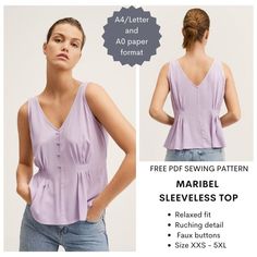 a woman wearing a purple top and jeans with the text free sewing pattern marbel sleeveless top