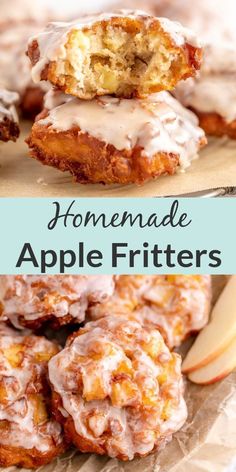 homemade apple fritters with icing and apples on the side