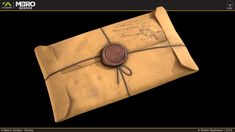 an old envelope with a waxed seal and string tied around the front cover, on a black background