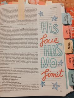 an open bible with the words, his love has no limit