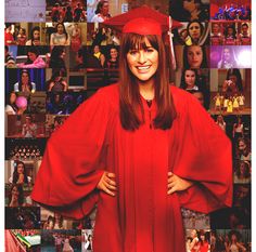 a woman in a red graduation gown and cap posing for a photo with her hands on her hips