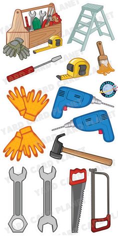 various tools are shown on a white background, including wrenches and plywoods