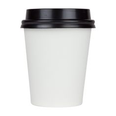 a white coffee cup with black lid on a white background